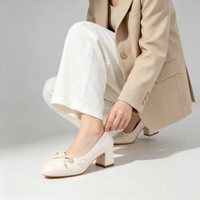 Load image into Gallery viewer, Women's Satin Bow Block Heel Pumps | Ivory Jacquard Slip-On Heels