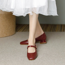 Load image into Gallery viewer, Mary Jane Chunky Heel Retro Buckle Strap Women's Shoes – Plus Size | Burgundy Black Apricot