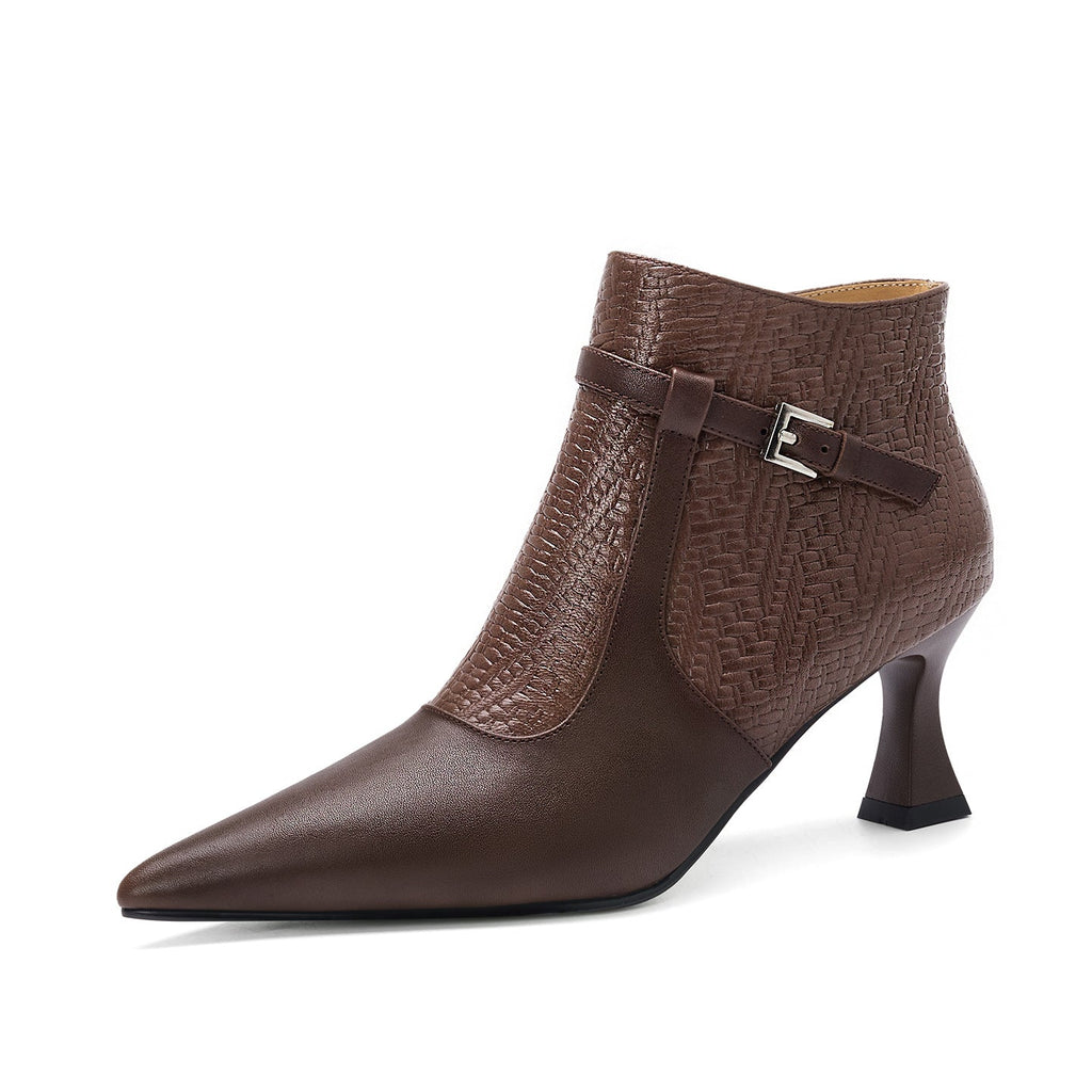 Women's Pointed Toe Chunky Heel Ankle Boots | Slip-On Leather Patchwork | Black & Brown