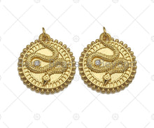 Load image into Gallery viewer, CZ Micro Pave Embossment Snake On Round Coin Charm/Pendant,Emblem Shape Charm, Snake Pave Pendant, Gold plated charm, Sku#LK129