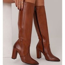 Load image into Gallery viewer, Women's Thigh High Boots – Pointed Toe Chunky Heel Side Zip | Brown &amp; Black | Sizes 34–43