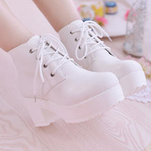 Load image into Gallery viewer, Women's Chunky Heel Lace-Up Ankle Boots | Round Toe | White &amp; Black