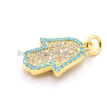 Load image into Gallery viewer, CZ Micro Pave Turquoise Hamsa Hand Bracelet Charm, Cubic Zirconia Charm,12x21mm, sku#F19