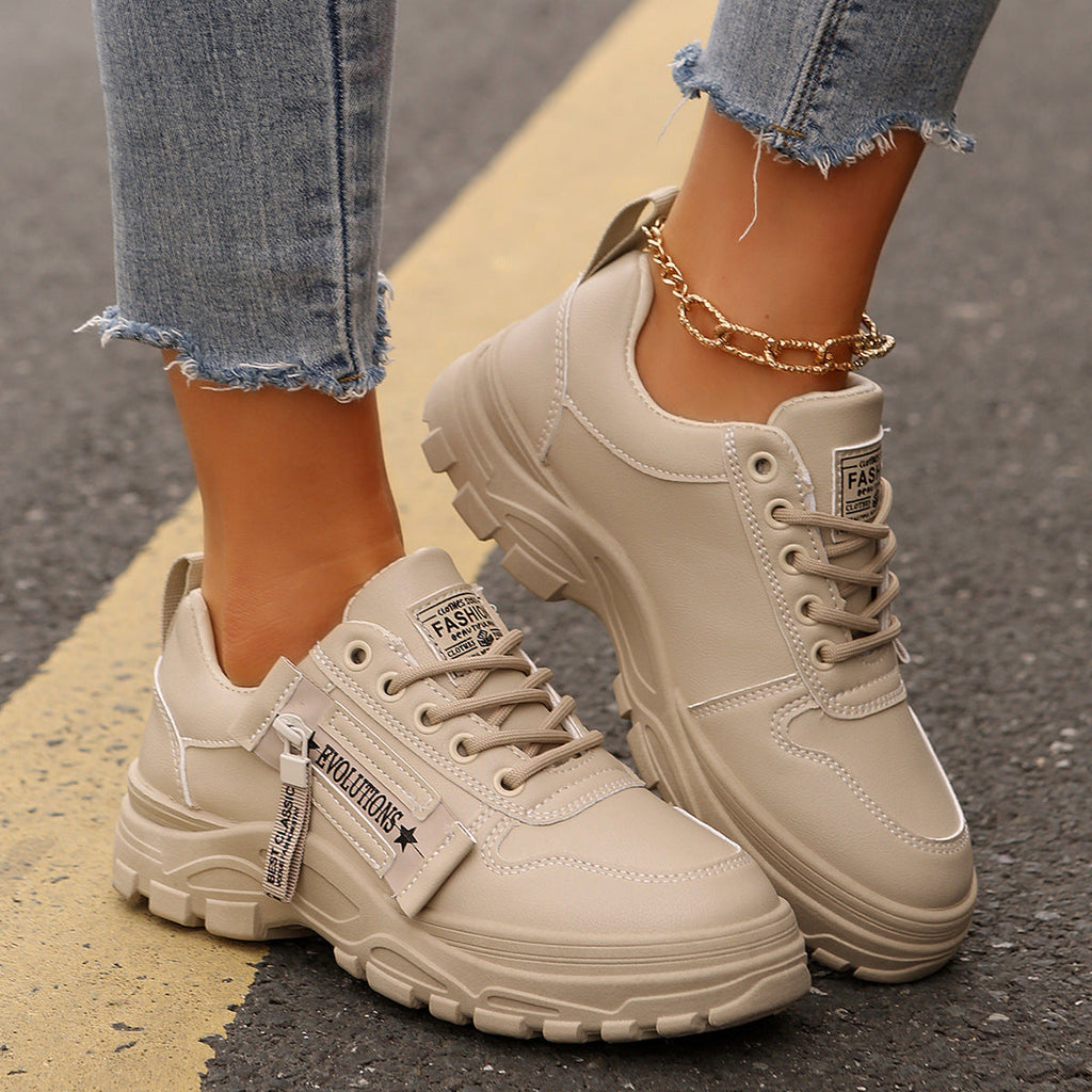 Women's Lace-Up Sneakers with Side Zipper | Thick Sole Round Toe Casual Sports Shoes