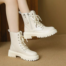Load image into Gallery viewer, Women's Lace-Up Ankle Combat Boots – Mid Heel PU Leather