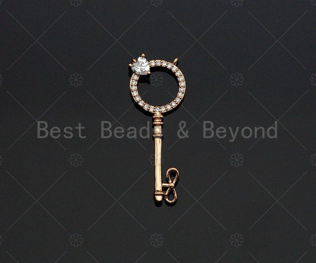 CZ Micro Pave Key With Round Ring Shape Pendant , Gold/Silver/Black/Rose Gold Plated Key, Necklace Bracelet Pendant, 12x33mm,sku#L285
