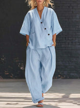 Load image into Gallery viewer, V-Neck Short Sleeve Top &amp; High-Waist Trousers Two-Piece Set