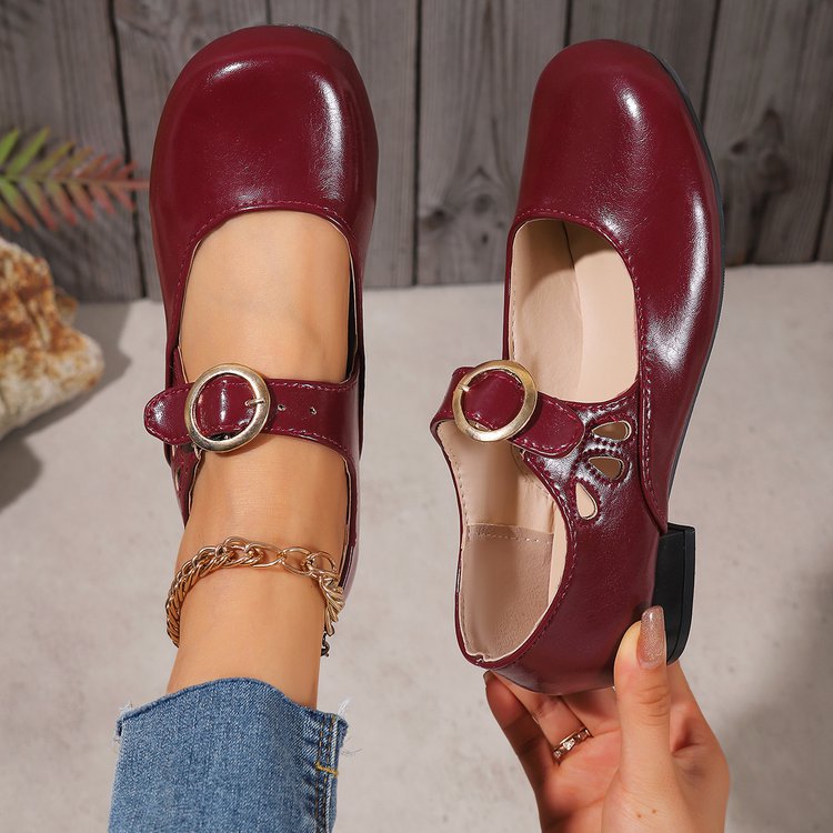 Women's Patent Leather Low Heel Pumps - Classic Round Toe Slip-On Shoes