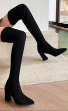 Load image into Gallery viewer, Women's Suede High Heel Boots Pointed Toe Chunky Heel Denim Strap Buckle | Black Beige Brown Red