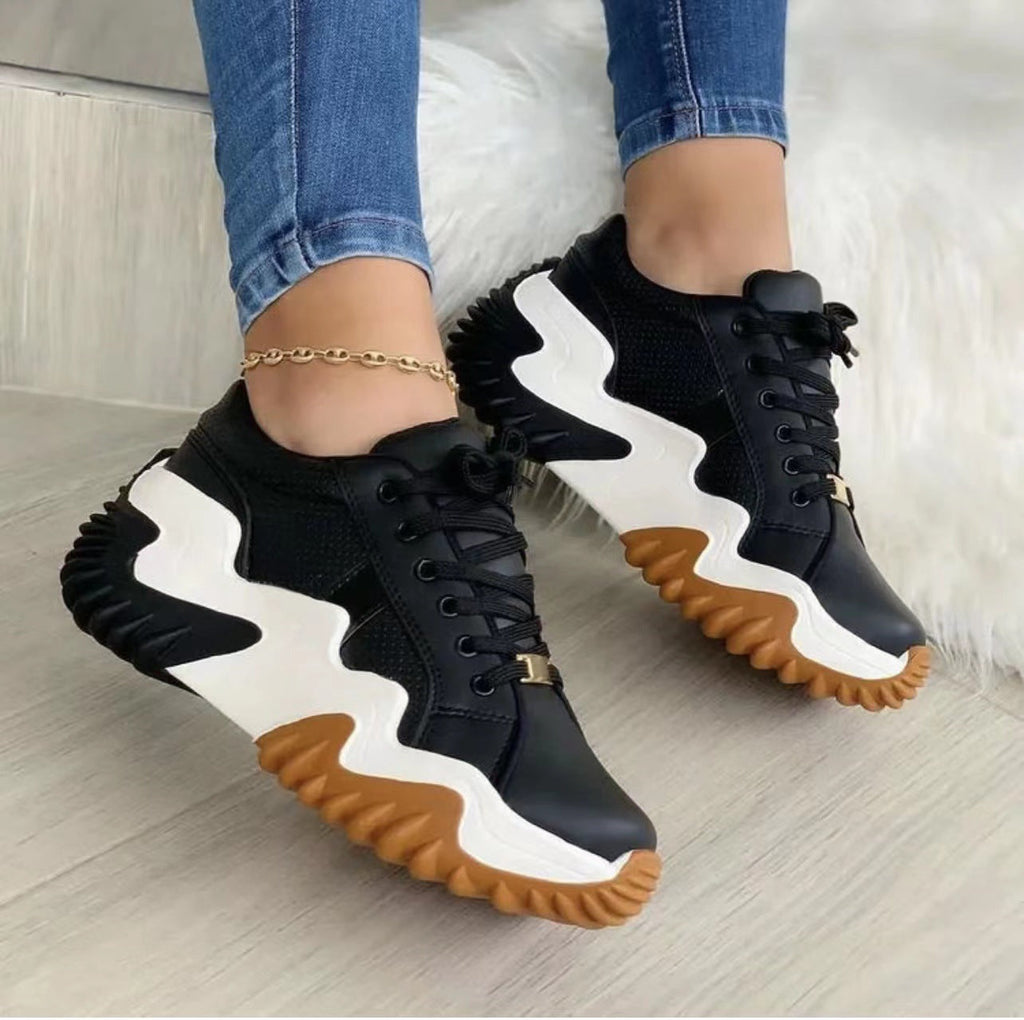 Women's Lace-Up Platform Sneakers | Patent Leather Round-Toe Chunky Heels