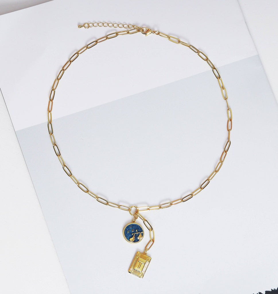 Personalized Blue Constellation Drop Coin Necklace, Sku#CL27