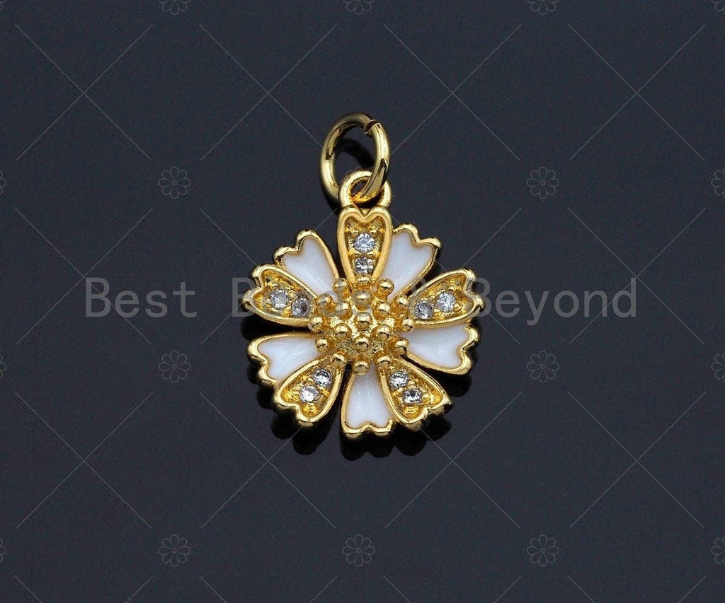 CZ Micro Pave White Enamel Daisy Flower Charm, 18K Gold Filled Flower Charm, Necklace Bracelet Charm Pendant, 13mm, Sku# Y268