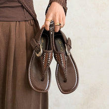 Load image into Gallery viewer, Women's Handwoven Cowhide Thong Sandals | Full-Grain Leather Ankle Buckle Flat Shoes