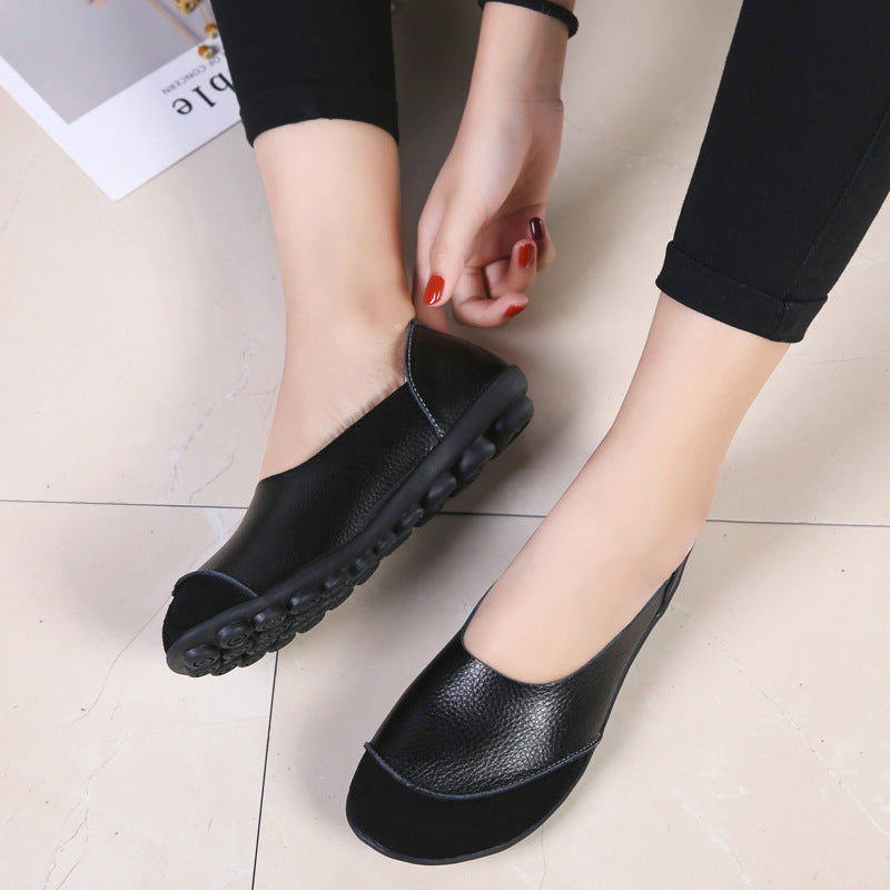 Women's Korean Casual Slip-On Loafers | Low Heel Round Toe Leather Shoes