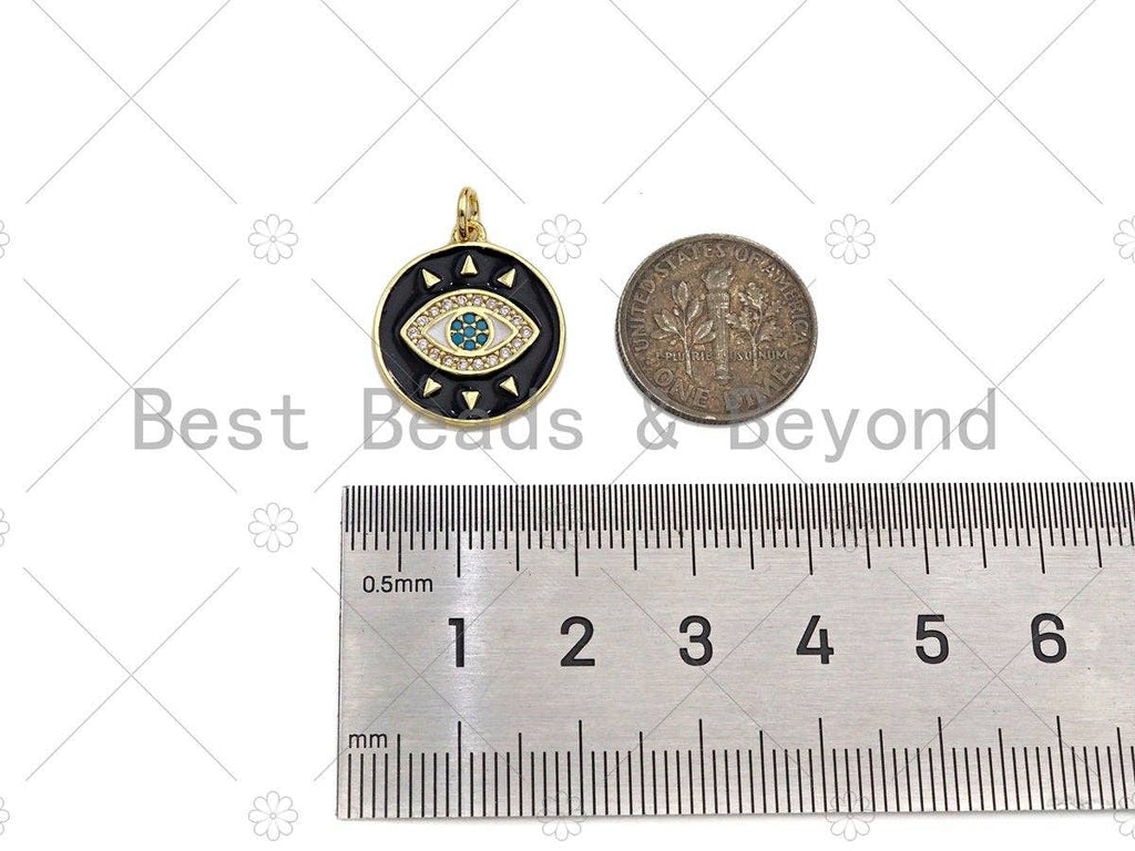CZ Micro Pave Evil Eye On Colorful Enamel Round Coin Shape Pendant, 18K Gold Enamel Medallion Charm, Enamel Jewelry,17x19mm,Sku#L522