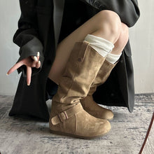 Load image into Gallery viewer, Women's Vintage Denim Lace-Up Long Boots – Mid Heel Round Toe All-Season Boots