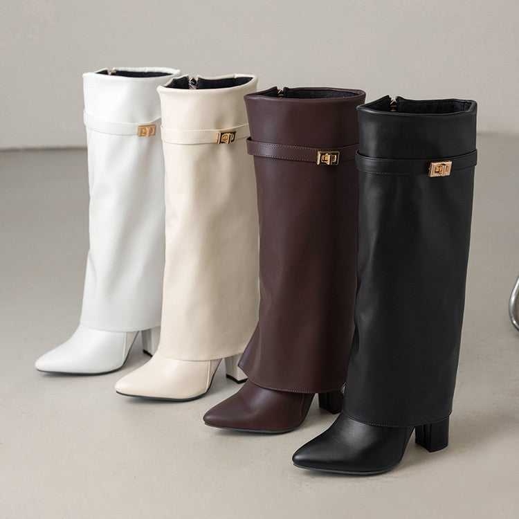 Women's Pointed-Toe High-Shaft Mid-Calf Boots with Metal Buckles | Chunky Heel Side Zipper
