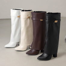Load image into Gallery viewer, Women's Pointed-Toe High-Shaft Mid-Calf Boots with Metal Buckles | Chunky Heel Side Zipper