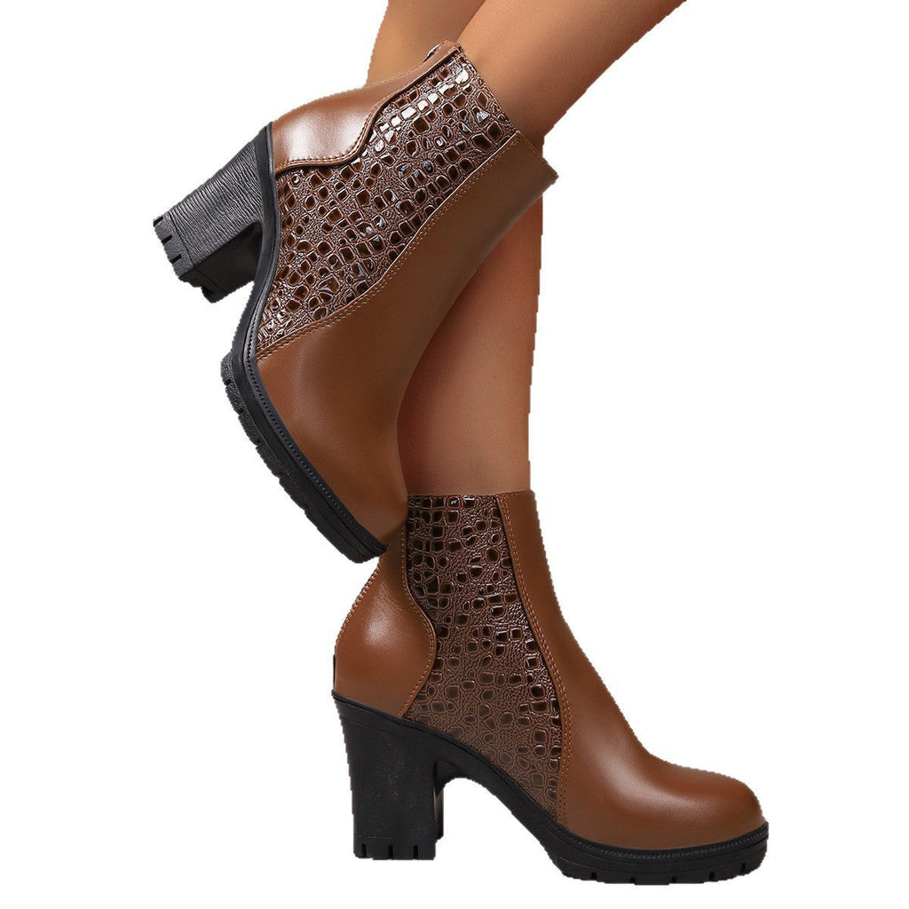 Women's Chunky Heel Back Zipper Ankle Boots | Round Toe Block Heel Shoes