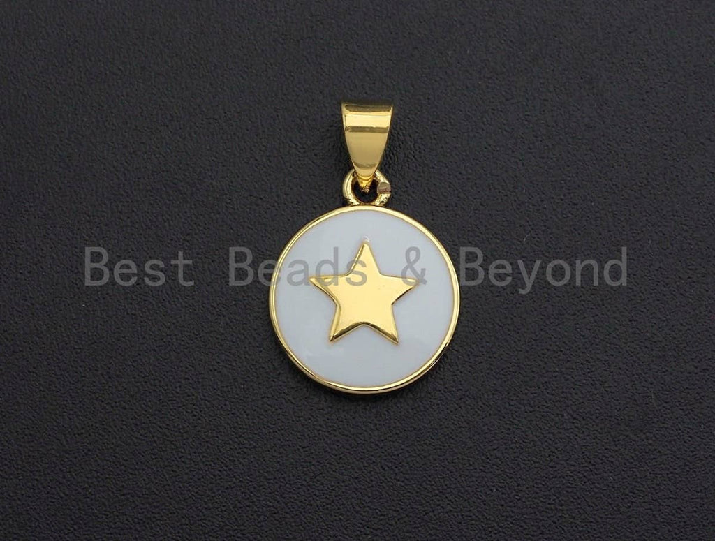 Gold Five Point Star On Colorful Enamel Round Coin Pendant, 18K Gold Filled Enamel Charm, Necklace Bracelet Pendant Charm,13x16mm,Sku#F1039