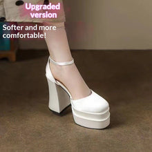 Load image into Gallery viewer, Women's Mary Jane Platform Heels - Chunky Heel Satin Pumps with Rhinestone Strap