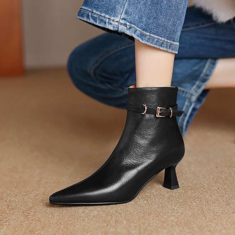 Women's All-Leather Stiletto Heel Boots | Sheepskin Upper Pointed Toe Side Buckle Retro High Heels