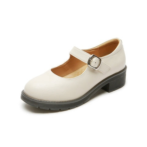 Women's Retro Japanese-Style Buckle Strap Chunky Heel Leather Shoes | Low-Cut Round Toe Pumps