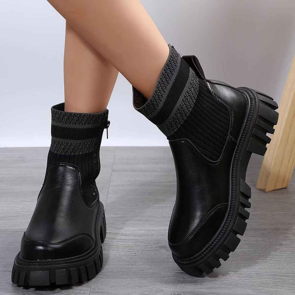Women's Knitted Mid-Calf Boots | Side Zipper | Non-Slip Rubber Sole | Beige Black Brown