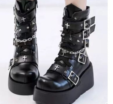 Women's Chunky Round-Toe Dr Martens Style Platform Boots | Side Zipper Wedge Heel