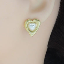 Load image into Gallery viewer, Gold White Pearl Heart Stud Earrings, Sku#LD480
