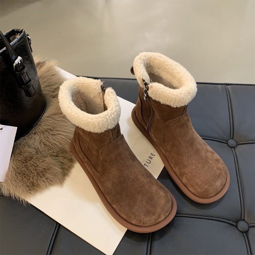 Women's Retro Furry Ankle Boots - Comfortable Side Zipper Low Shaft Boots