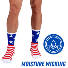 Load image into Gallery viewer, Bamboo Sports Red White and Blue Premium Bamboo Rayon Crew Work Socks- Moisture Wicking, Odor Eliminating Red, White, and Blue American Flag 4th of July Socks for Men and Women Gift Box 3 Pair