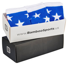 Load image into Gallery viewer, Bamboo Sports Red White and Blue Premium Bamboo Rayon Crew Work Socks- Moisture Wicking, Odor Eliminating Red, White, and Blue American Flag 4th of July Socks for Men and Women Gift Box 3 Pair