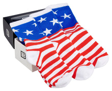 Load image into Gallery viewer, Bamboo Sports Red White and Blue Premium Bamboo Rayon Crew Work Socks- Moisture Wicking, Odor Eliminating Red, White, and Blue American Flag 4th of July Socks for Men and Women Gift Box 3 Pair