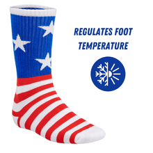 Load image into Gallery viewer, Bamboo Sports Red White and Blue Premium Bamboo Rayon Crew Work Socks- Moisture Wicking, Odor Eliminating Red, White, and Blue American Flag 4th of July Socks for Men and Women Gift Box 3 Pair