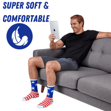 Load image into Gallery viewer, Bamboo Sports Red White and Blue Premium Bamboo Rayon Crew Work Socks- Moisture Wicking, Odor Eliminating Red, White, and Blue American Flag 4th of July Socks for Men and Women Gift Box 3 Pair