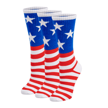 Load image into Gallery viewer, Bamboo Sports Red White and Blue Premium Bamboo Rayon Crew Work Socks- Moisture Wicking, Odor Eliminating Red, White, and Blue American Flag 4th of July Socks for Men and Women Gift Box 3 Pair