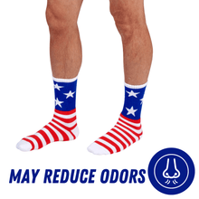 Load image into Gallery viewer, Bamboo Sports Red White and Blue Premium Bamboo Rayon Crew Work Socks- Moisture Wicking, Odor Eliminating Red, White, and Blue American Flag 4th of July Socks for Men and Women Gift Box 3 Pair