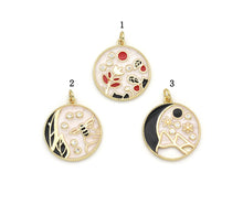 Load image into Gallery viewer, CZ Gold Enamel Flower bee Mountain Round Coin Charm, Sku#LX149