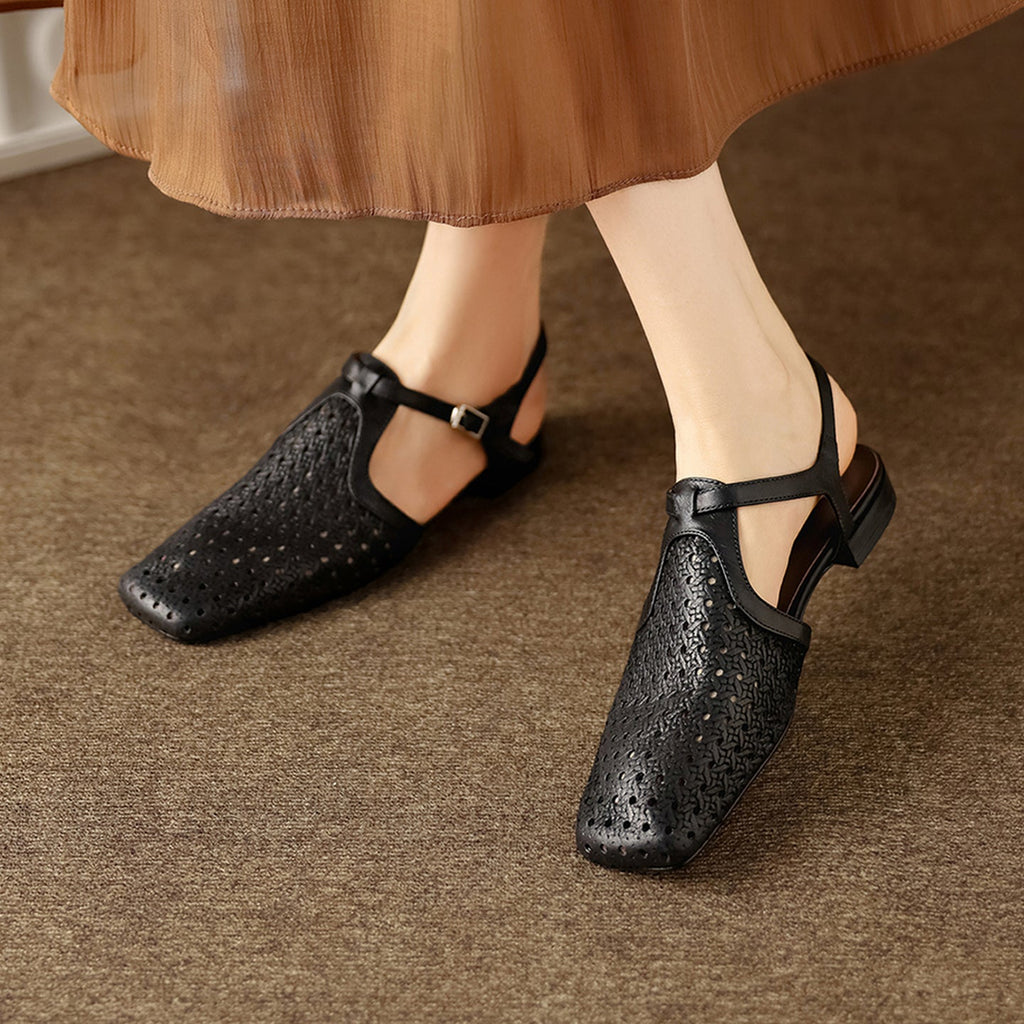 Women's Perforated Leather Slingback Sandals | T-Strap Closed-Toe Flat Shoes