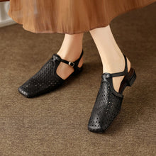 Load image into Gallery viewer, Women's Perforated Leather Slingback Sandals | T-Strap Closed-Toe Flat Shoes