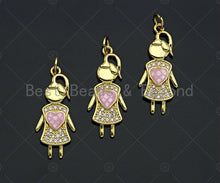 Load image into Gallery viewer, Girl With Pink Heart Pendant/Charm, Mother-of-pearl Inlay Heart Pendant, Cubic Zirconia Pendant, 11x26mm, Sku#LK74