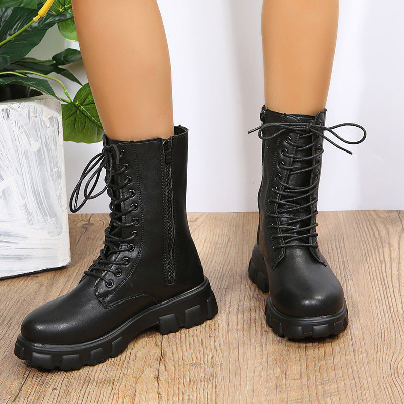 Women's Round Toe Ankle Boots - Lace-Up Low Heel Booties with Patchwork Detail