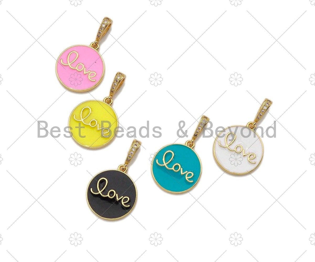 CZ Pave Clorful Enamel Love Coin Pendant, Pink Turquoise Yellow White Black Love Enamel pendant, Enamel Jewelry, 15mm,sku#ML28C