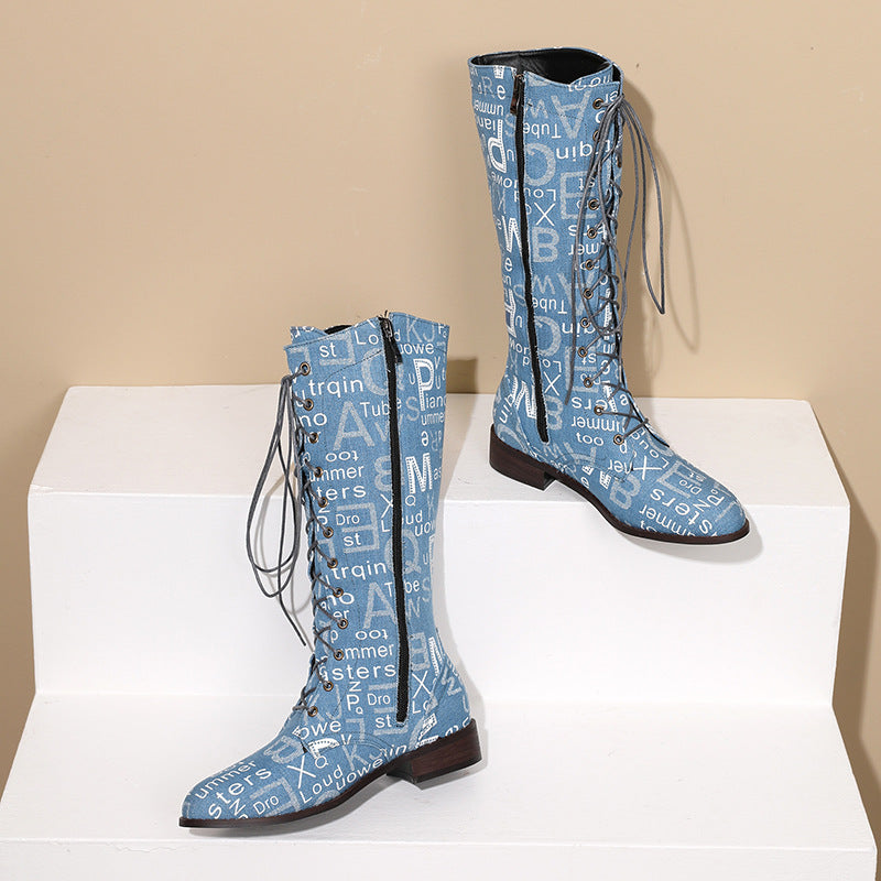 Women's Denim Mid-Calf Rider Boots | Square Heel Side Zip Fashion Boots