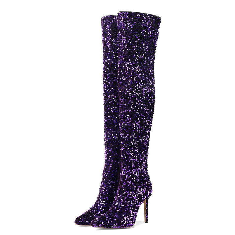 Women's Sequin Over-the-Knee Stiletto Boots – Side Zip Pointed Toe Stiletto Heels
