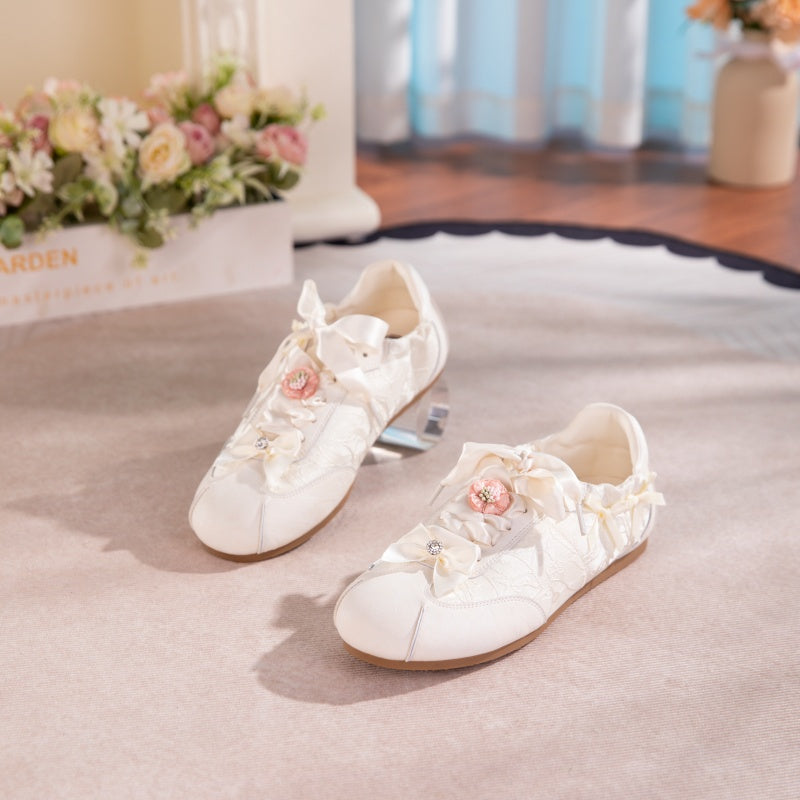 Women's Bow Detail Flat Shoes | Embroidered Fabric Round-Toe Slip-On