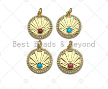 Load image into Gallery viewer, Red/Turquoise CZ Micro Pave Evil Eye On Round Coin Pendant/Charm,Cubic Zirconia Charm, Necklace Bracelet Charm Pendant,17x19mm, Sku#L414