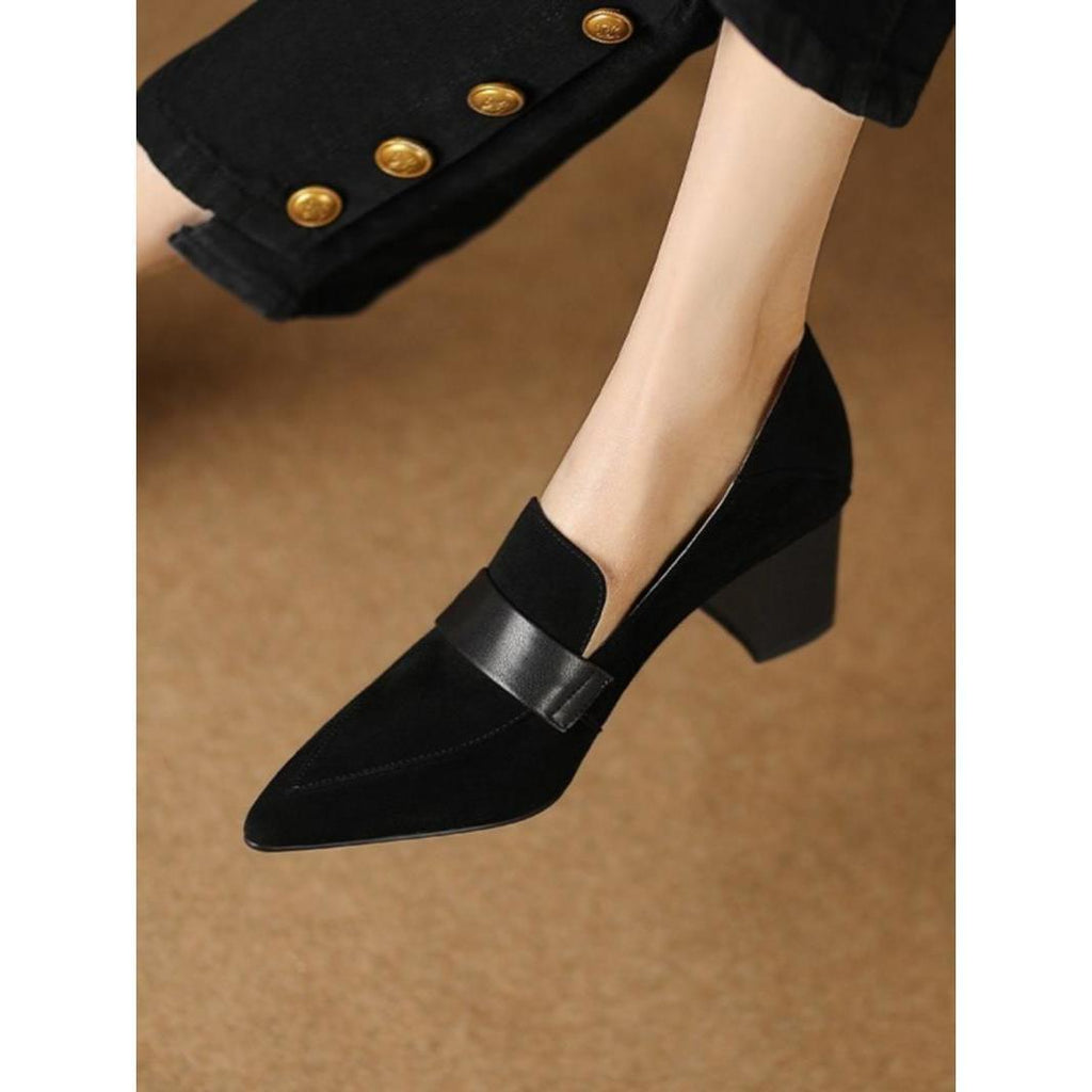 Women's Pointed-Toe Chunky Heel Loafers | Suede Slip-On Work Heels