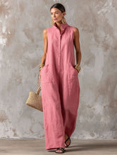 Load image into Gallery viewer, Linen Blend Sleeveless Stand-Collar Jumpsuit – 5 Colors S–3XL